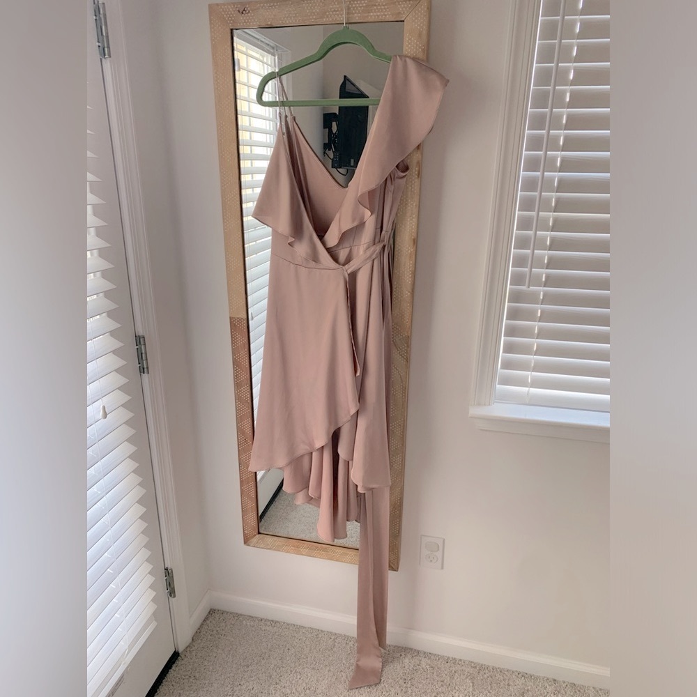 NWT she + sky ruffle shoulder wrap satin dress
